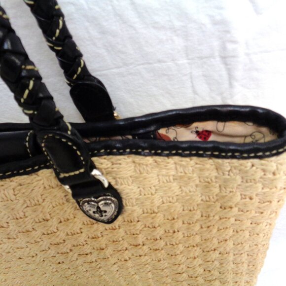 Brighton Straw and Black Leather Braided Handles Shoulder Bag Purse - Picture 6 of 12